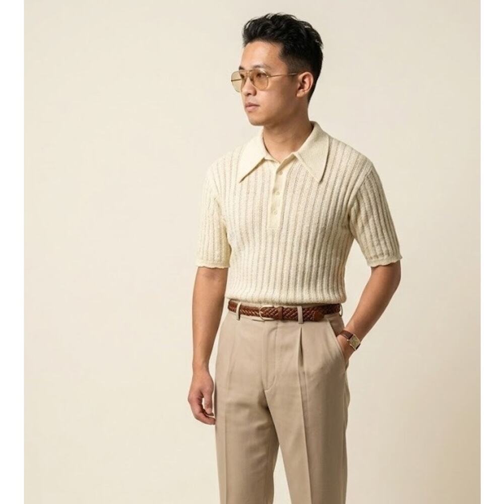 American Vintage 70s Pointelle Mesh Knit Polo Ivory Dagger Collar L Grandpacore